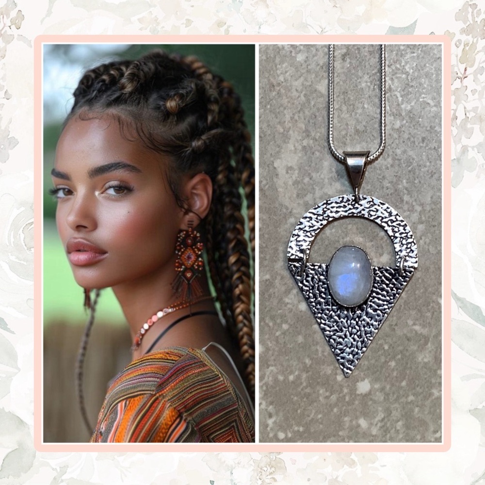 🌸 MOONSTONE NECKLACE PENDANT BOHO CHIC NATURAL GEM BOHEMIAN SILVER GYPSY TRIBAL